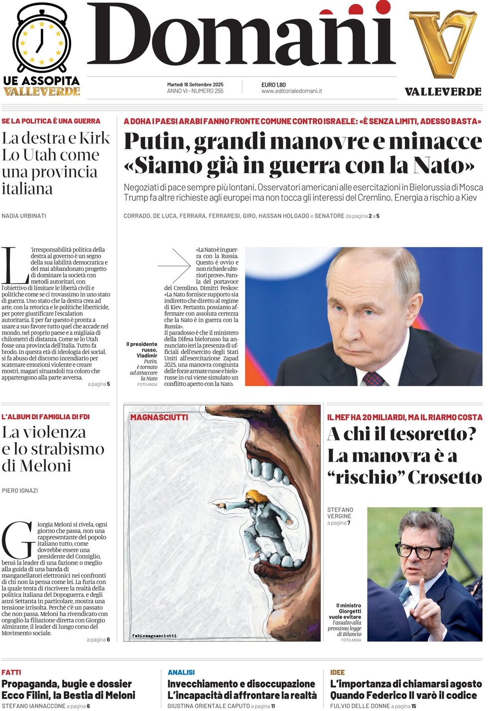 Prima Pagina Domani 16/09/2025