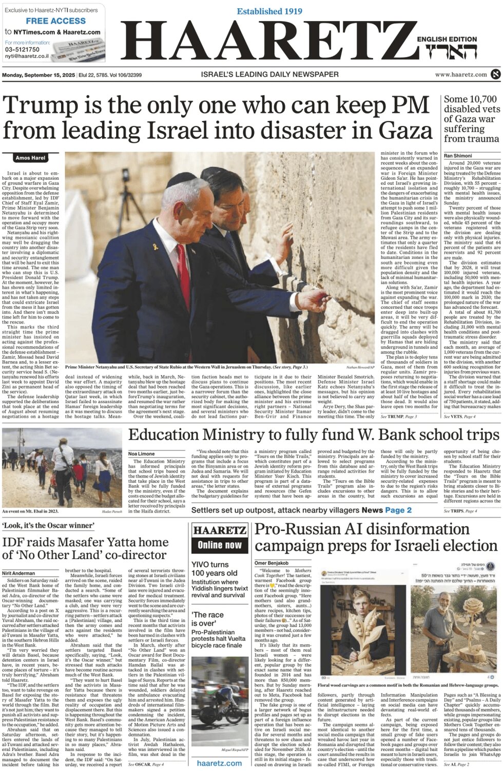 Prima Pagina Haaretz 15/09/2025