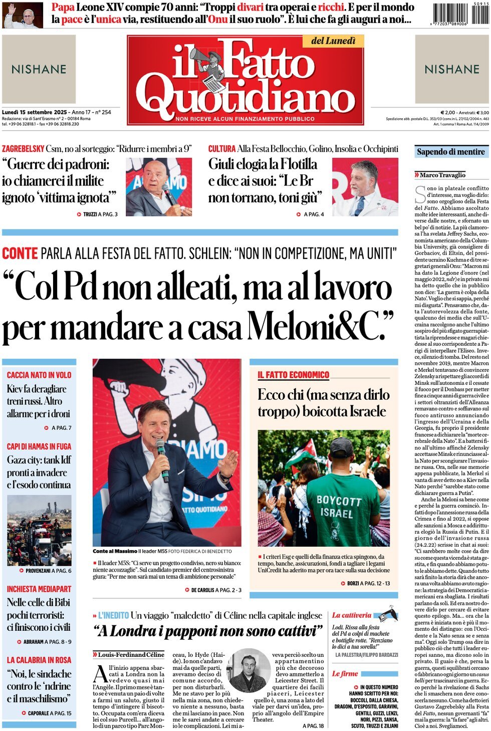Prima Pagina Il Fatto Quotidiano 15/09/2025