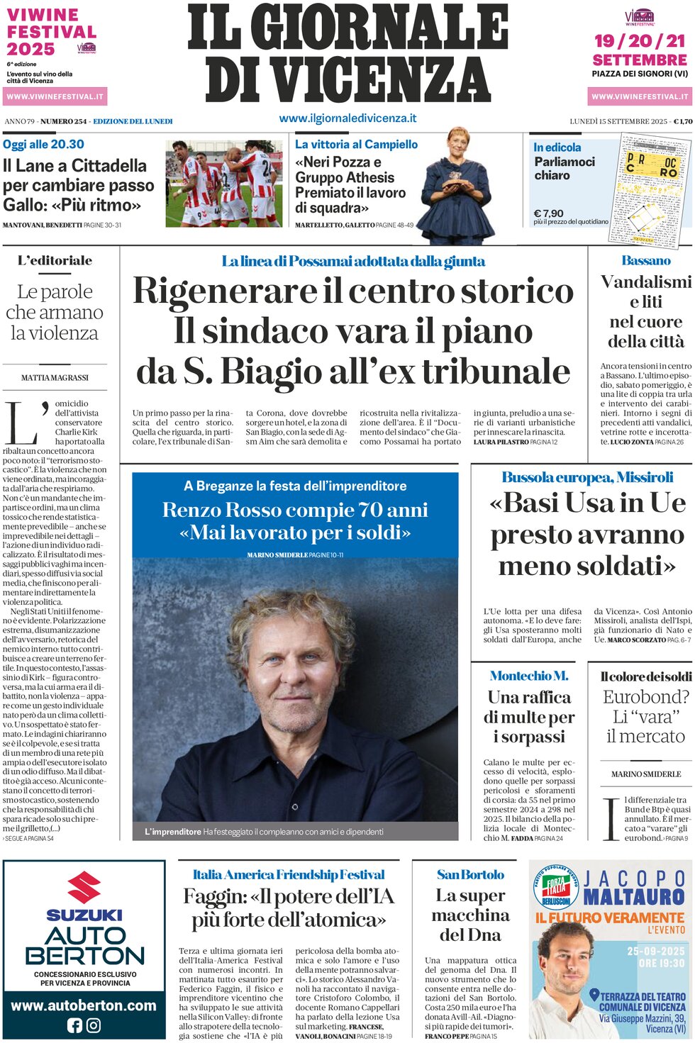 Prima Pagina Il Giornale di Vicenza 15/09/2025