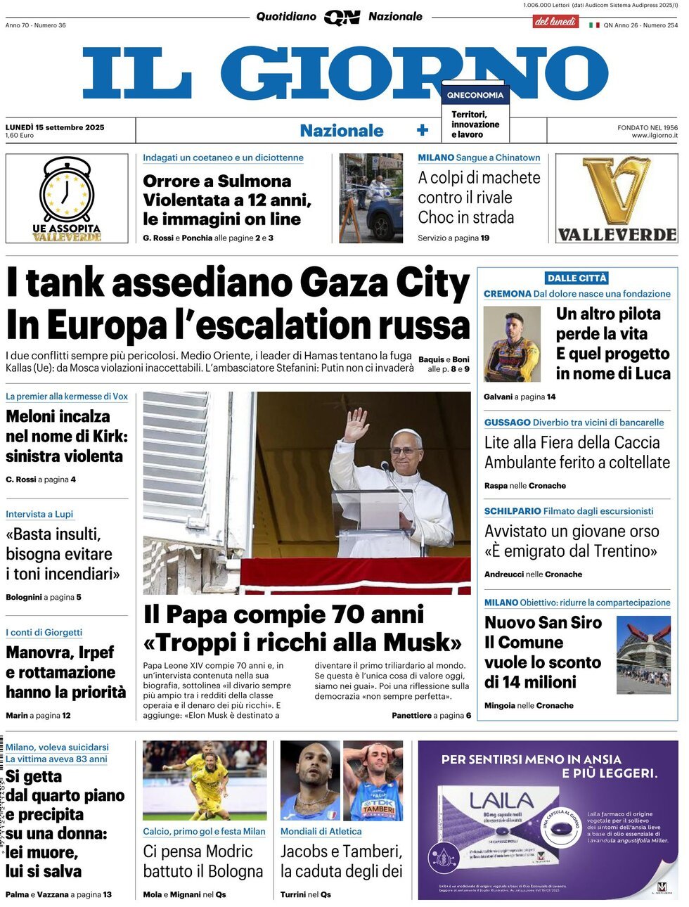 Prima Pagina Il Giorno 15/09/2025