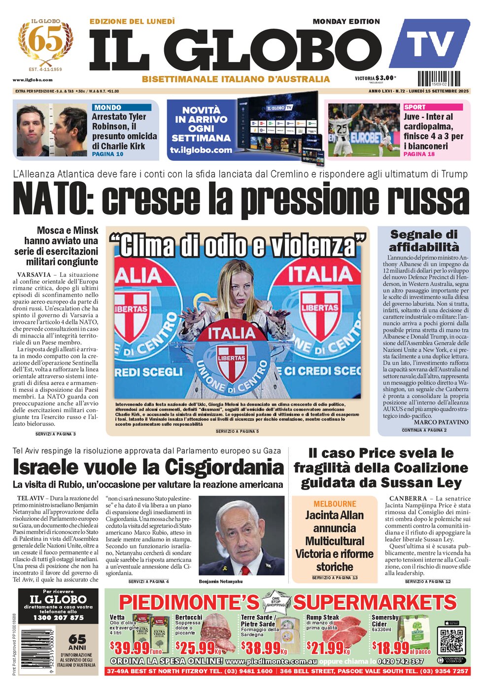 Copertina Il Globo 15/09/2025