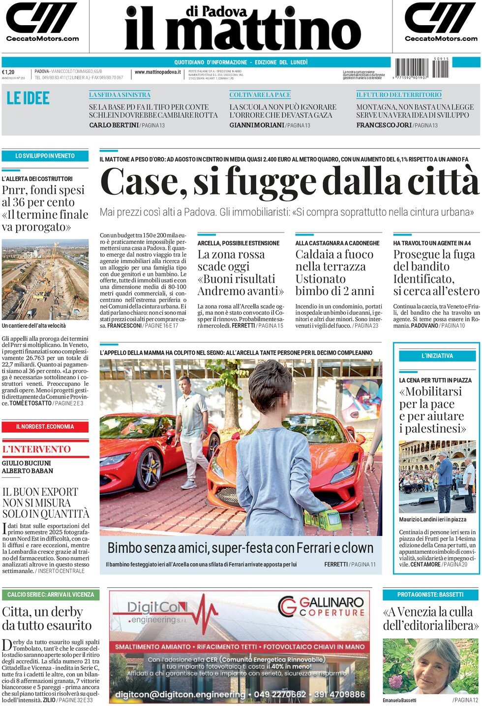 Prima Pagina Il Mattino di Padova 15/09/2025