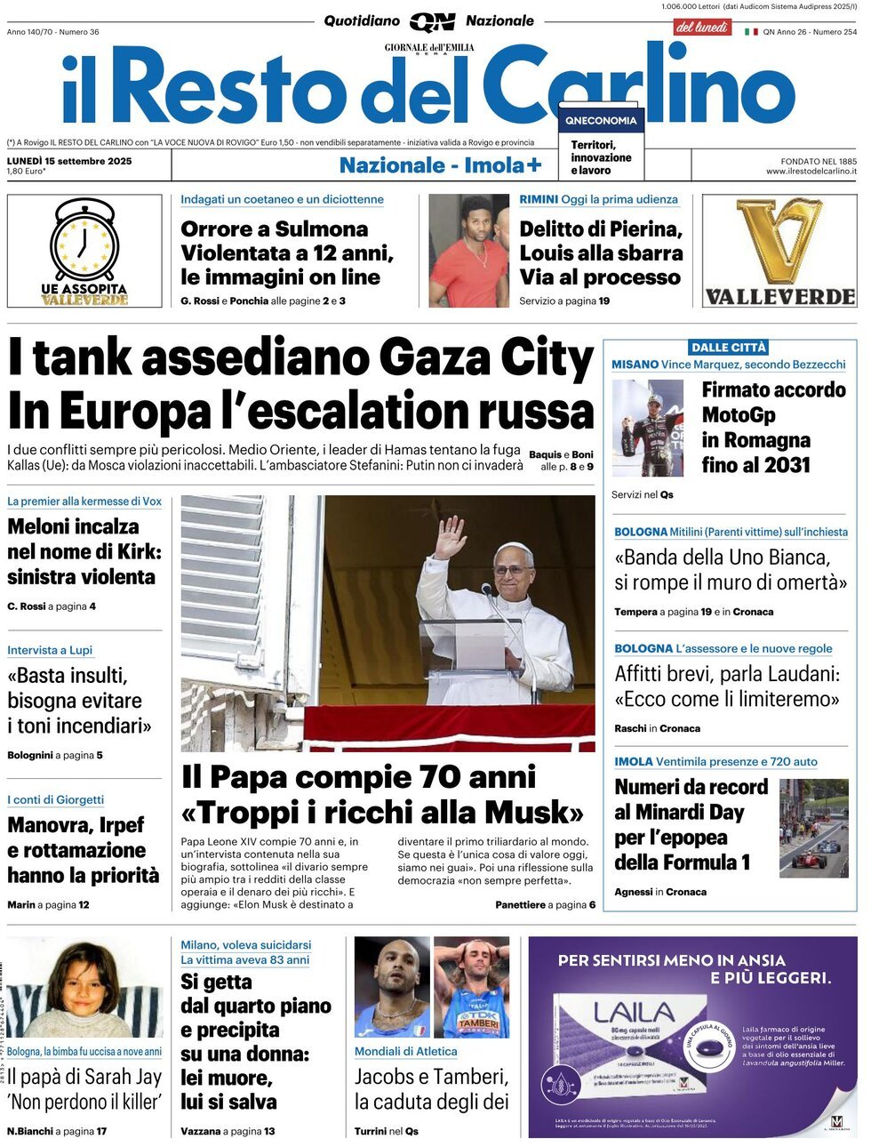 Prima Pagina Il Resto del Carlino 15/09/2025