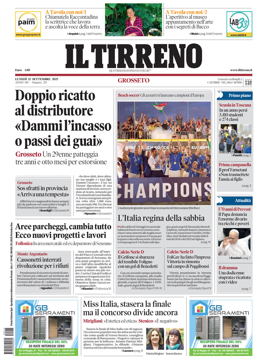 Prima Pagina Il Tirreno (Grosseto) 15/09/2025