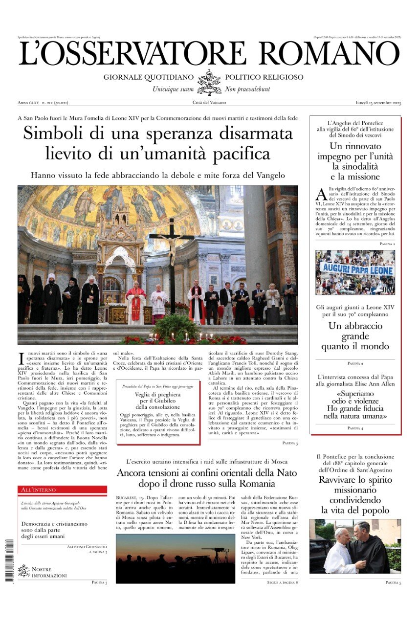 Prima Pagina L'Osservatore Romano 15/09/2025