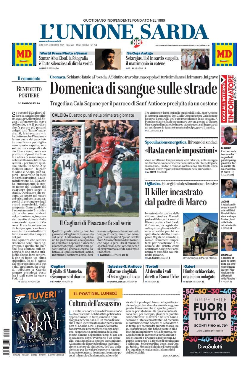 Prima Pagina L'Unione Sarda 15/09/2025