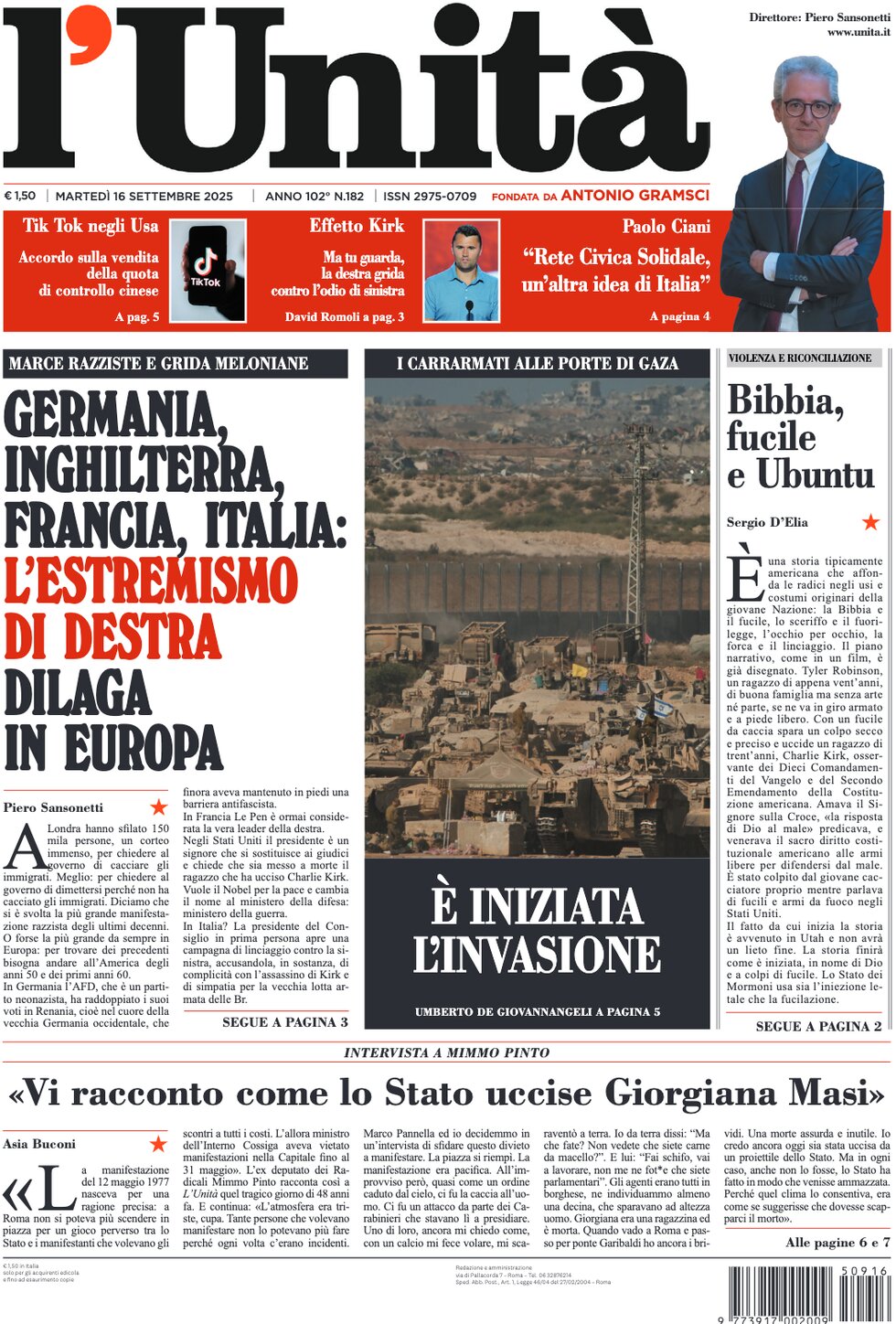 Prima Pagina L'Unità 16/09/2025