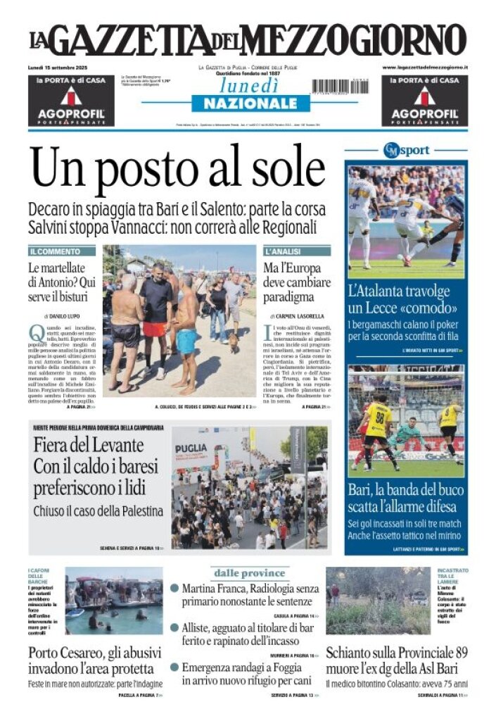 Prima Pagina La Gazzetta del Mezzogiorno (Bari) 15/09/2025