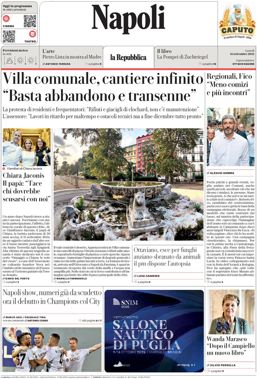 Prima Pagina La Repubblica (Napoli) 15/09/2025