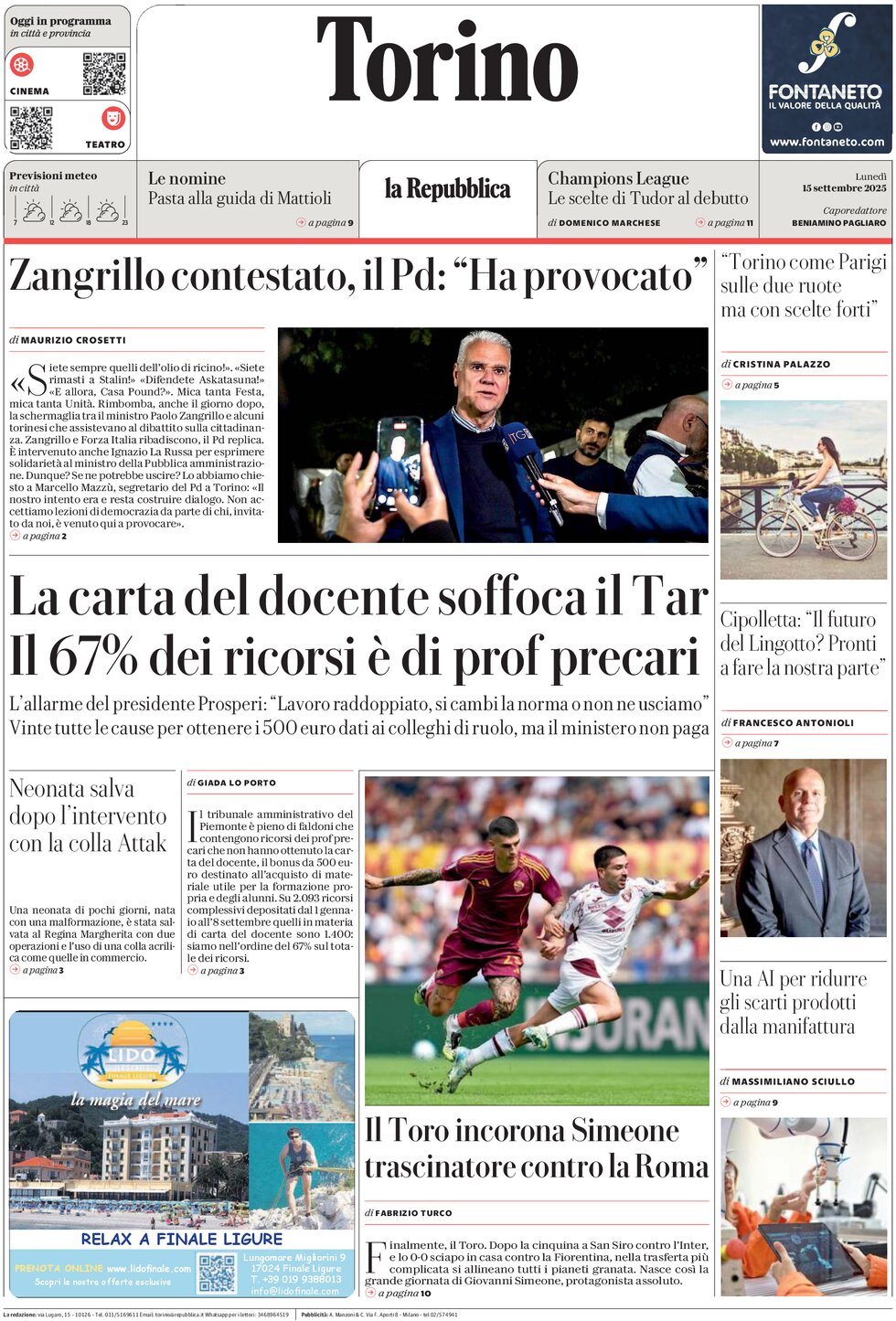 Prima Pagina La Repubblica (Torino) 15/09/2025