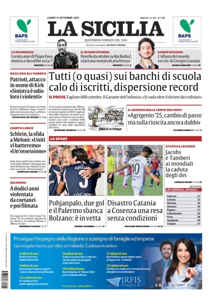 Prima Pagina La Sicilia 15/09/2025