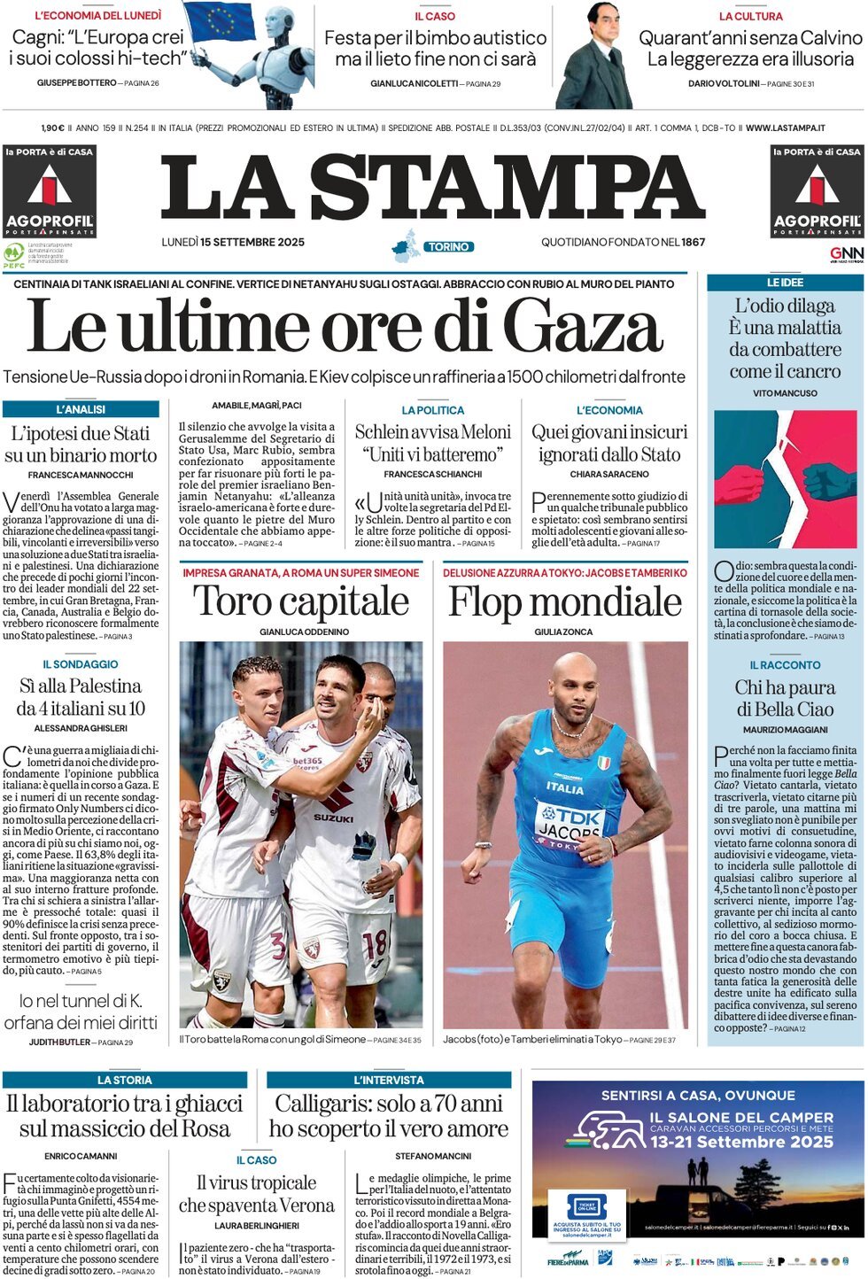 Prima Pagina La Stampa 15/09/2025