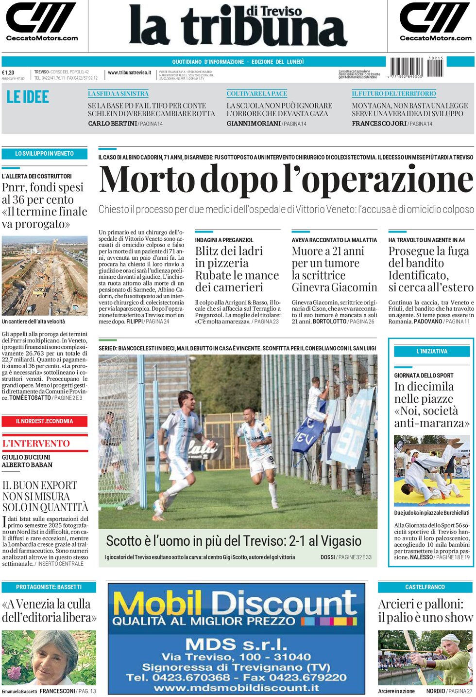 Prima Pagina La Tribuna di Treviso 15/09/2025
