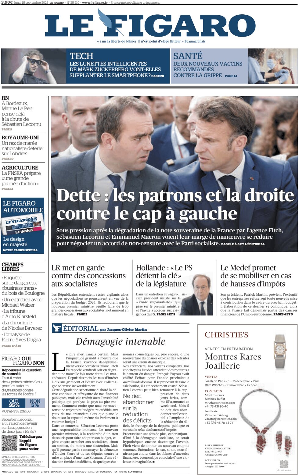 Prima Pagina Le Figaro 15/09/2025