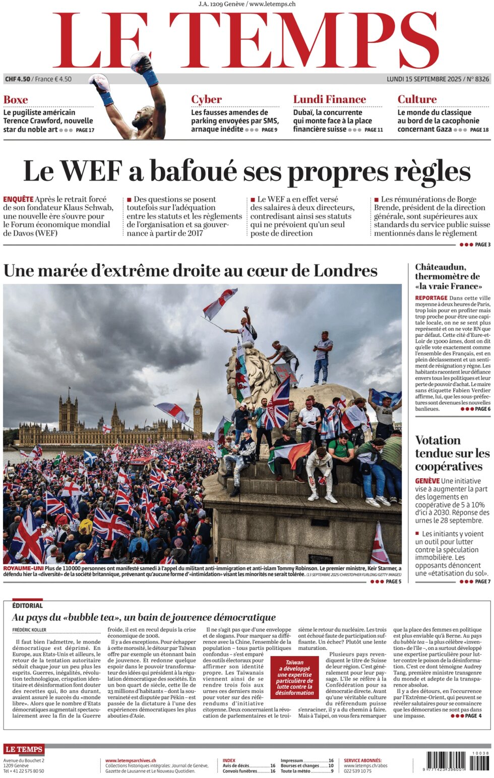 Prima Pagina Le Temps 15/09/2025