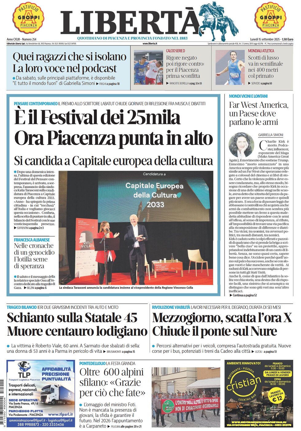 Prima Pagina Libertà (Piacenza) 15/09/2025