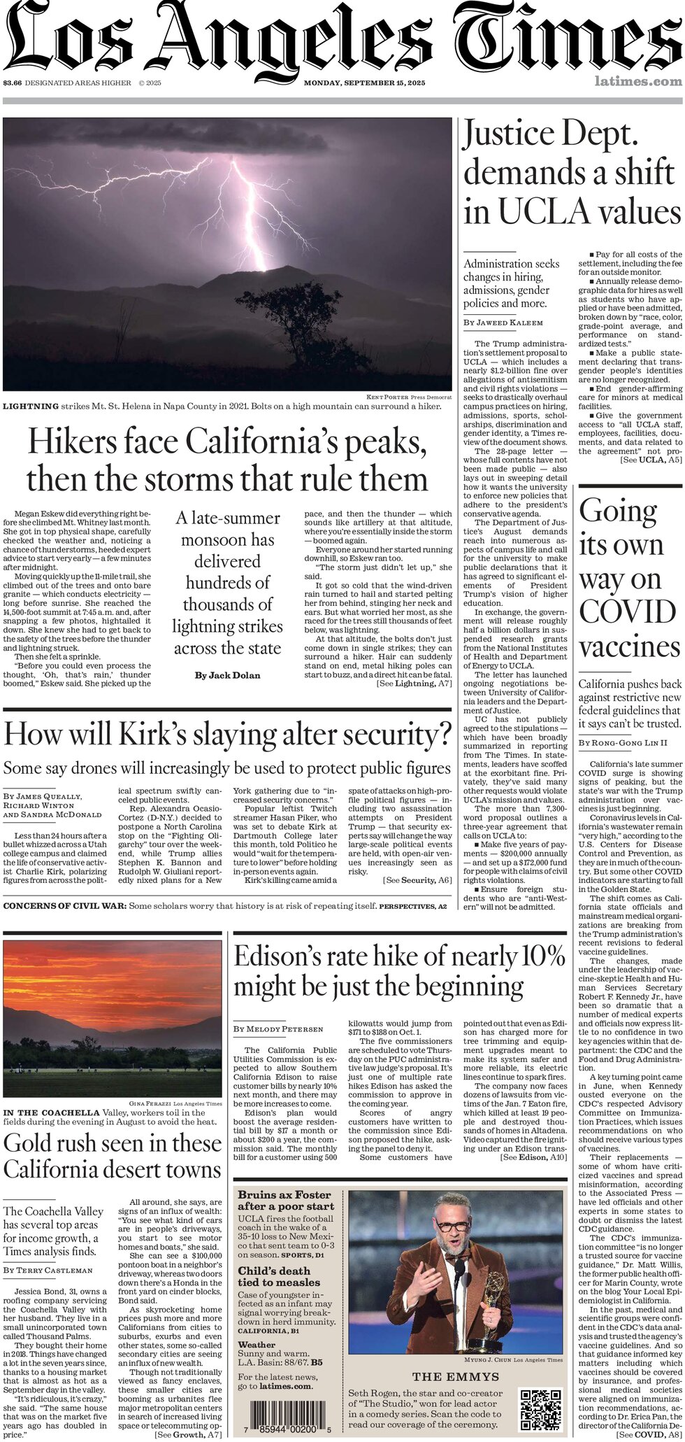 Prima Pagina Los Angeles Times 15/09/2025