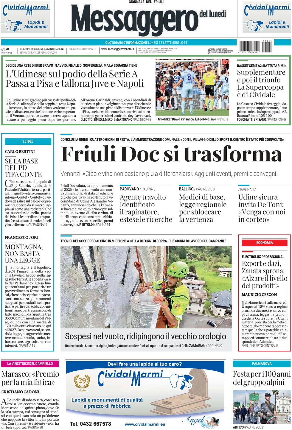 Prima Pagina Messaggero Veneto (Udine) 15/09/2025
