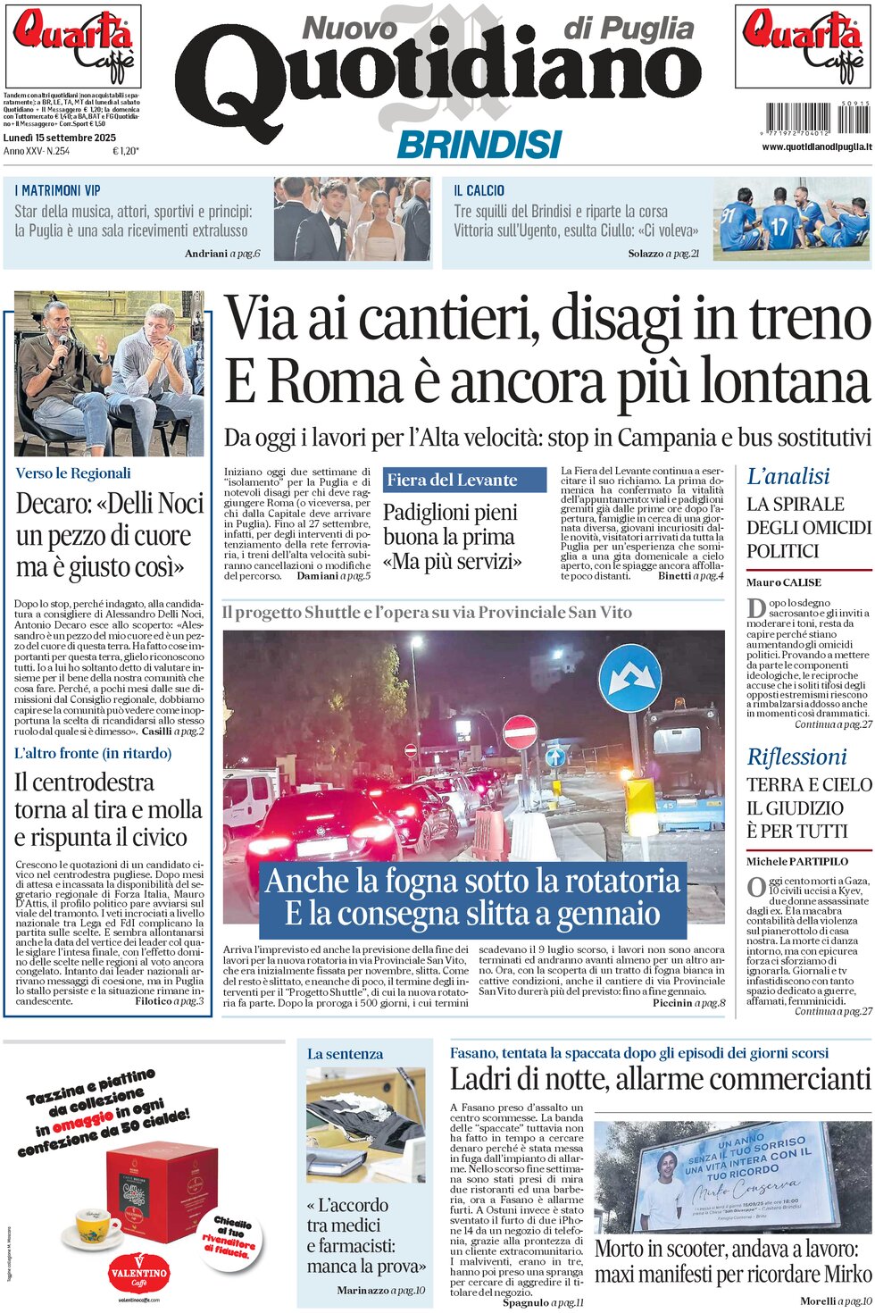 Prima Pagina Nuovo Quotidiano di Puglia (Brindisi) 15/09/2025