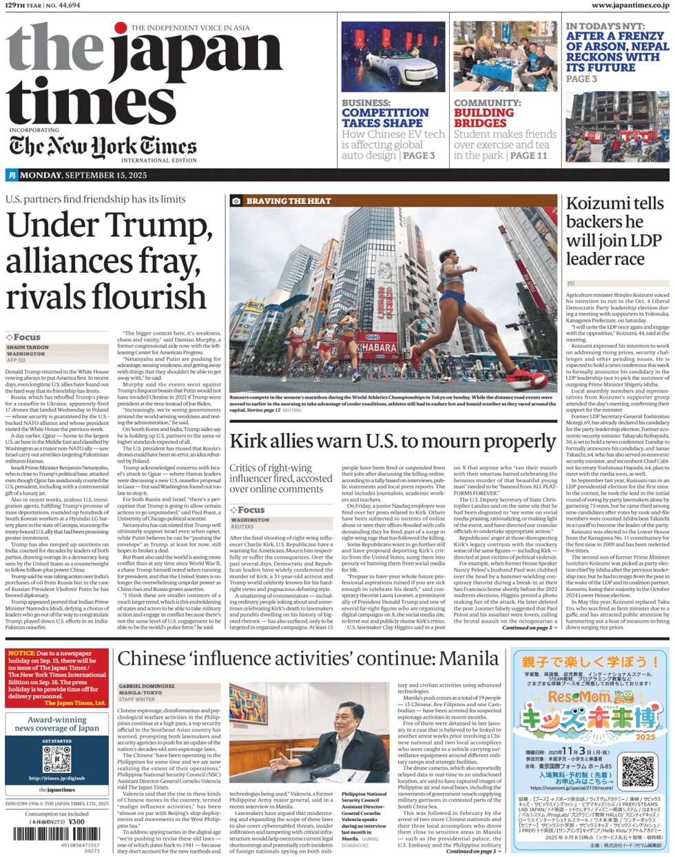 Prima Pagina The Japan Times 15/09/2025