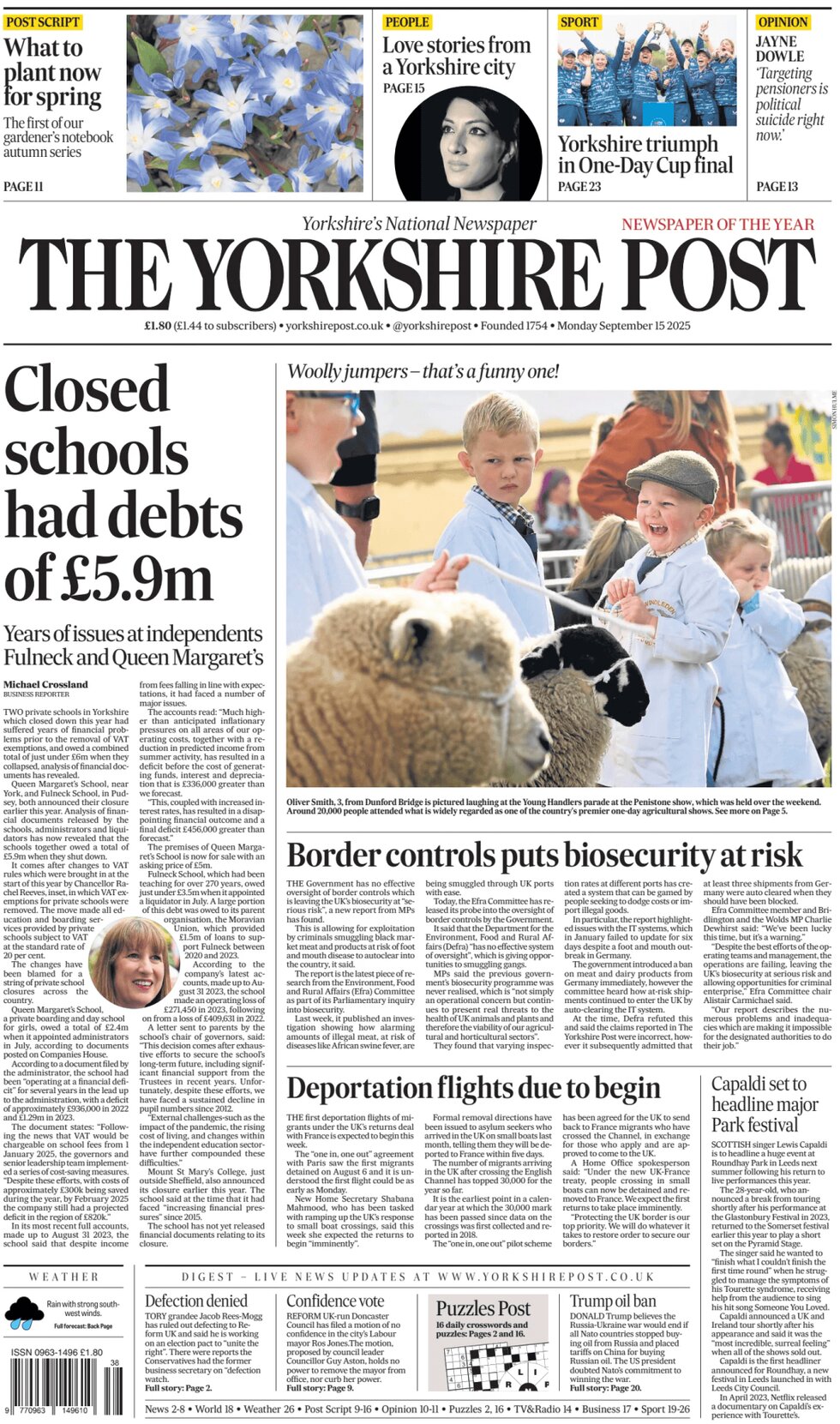 Prima Pagina The Yorkshire Post 15/09/2025