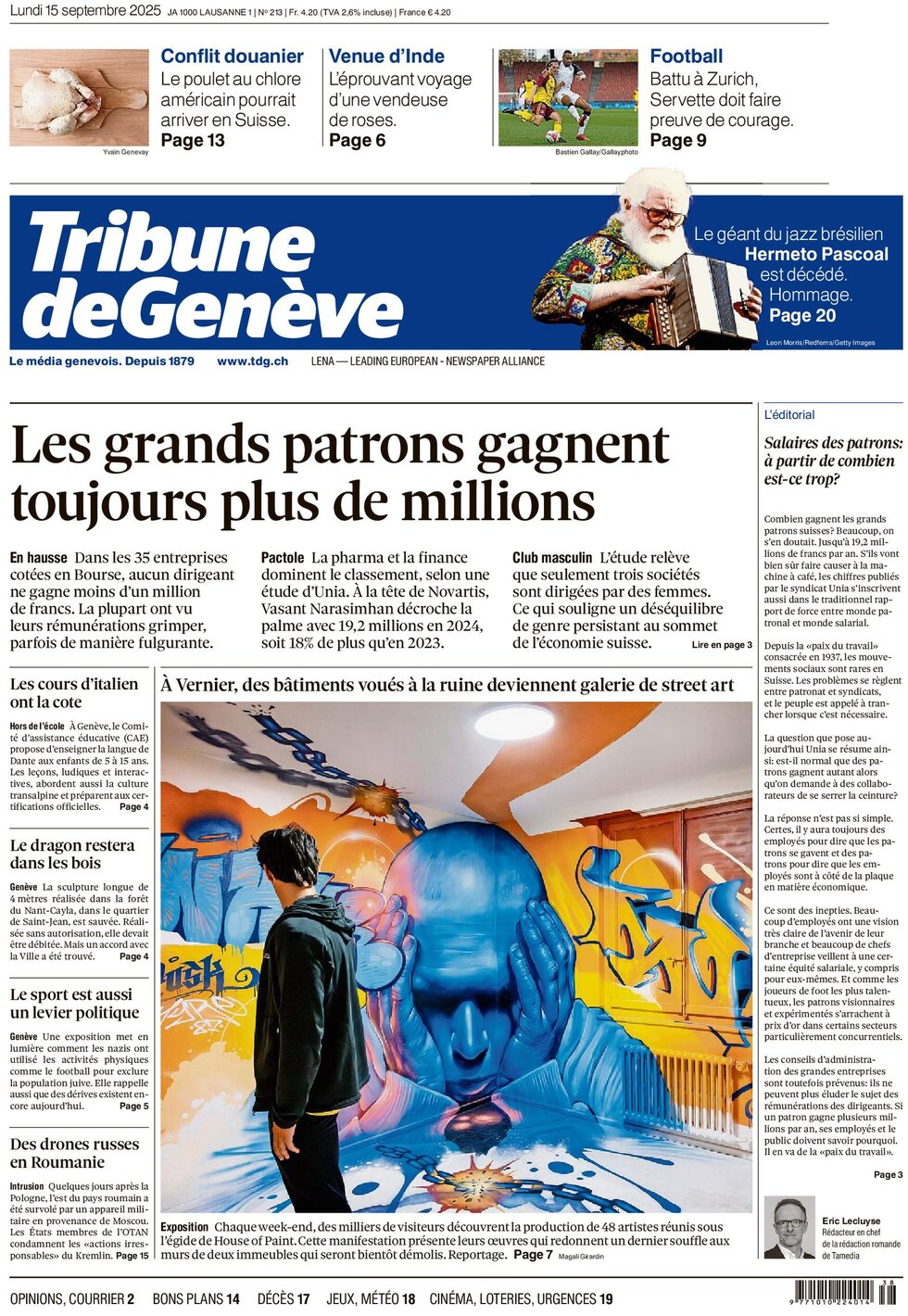 Prima Pagina Tribune de Genève 15/09/2025