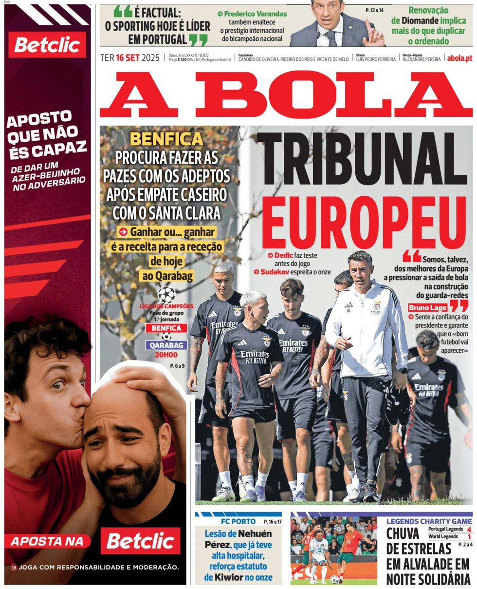 Prima Pagina A Bola 16/09/2025