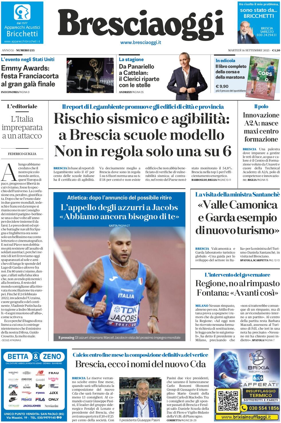 Prima Pagina Brescia Oggi 16/09/2025