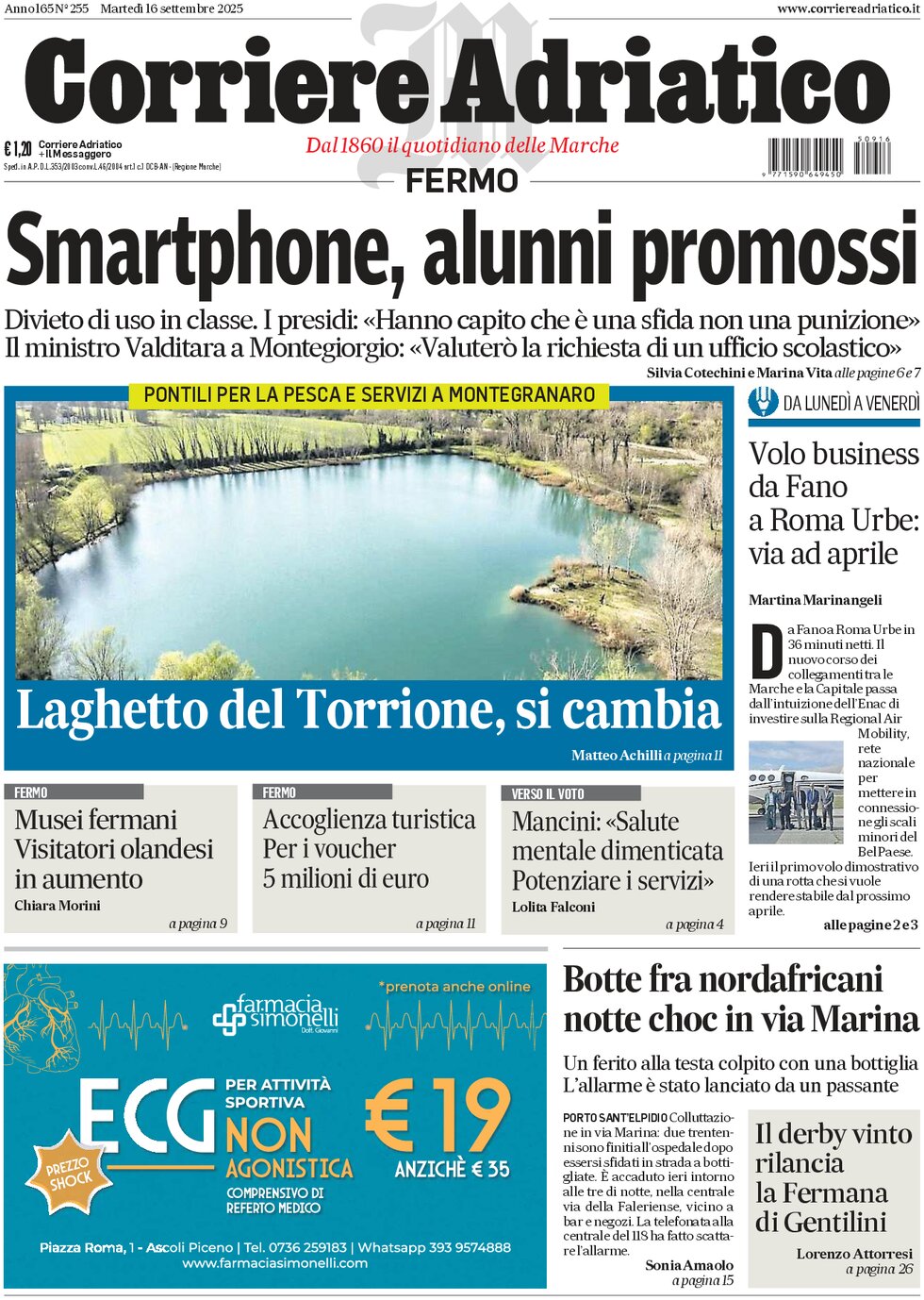 Prima Pagina Corriere Adriatico (Fermo) 16/09/2025