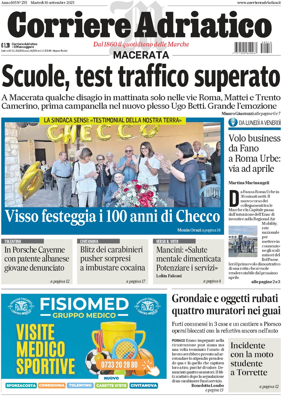 Prima Pagina Corriere Adriatico (Macerata) 16/09/2025