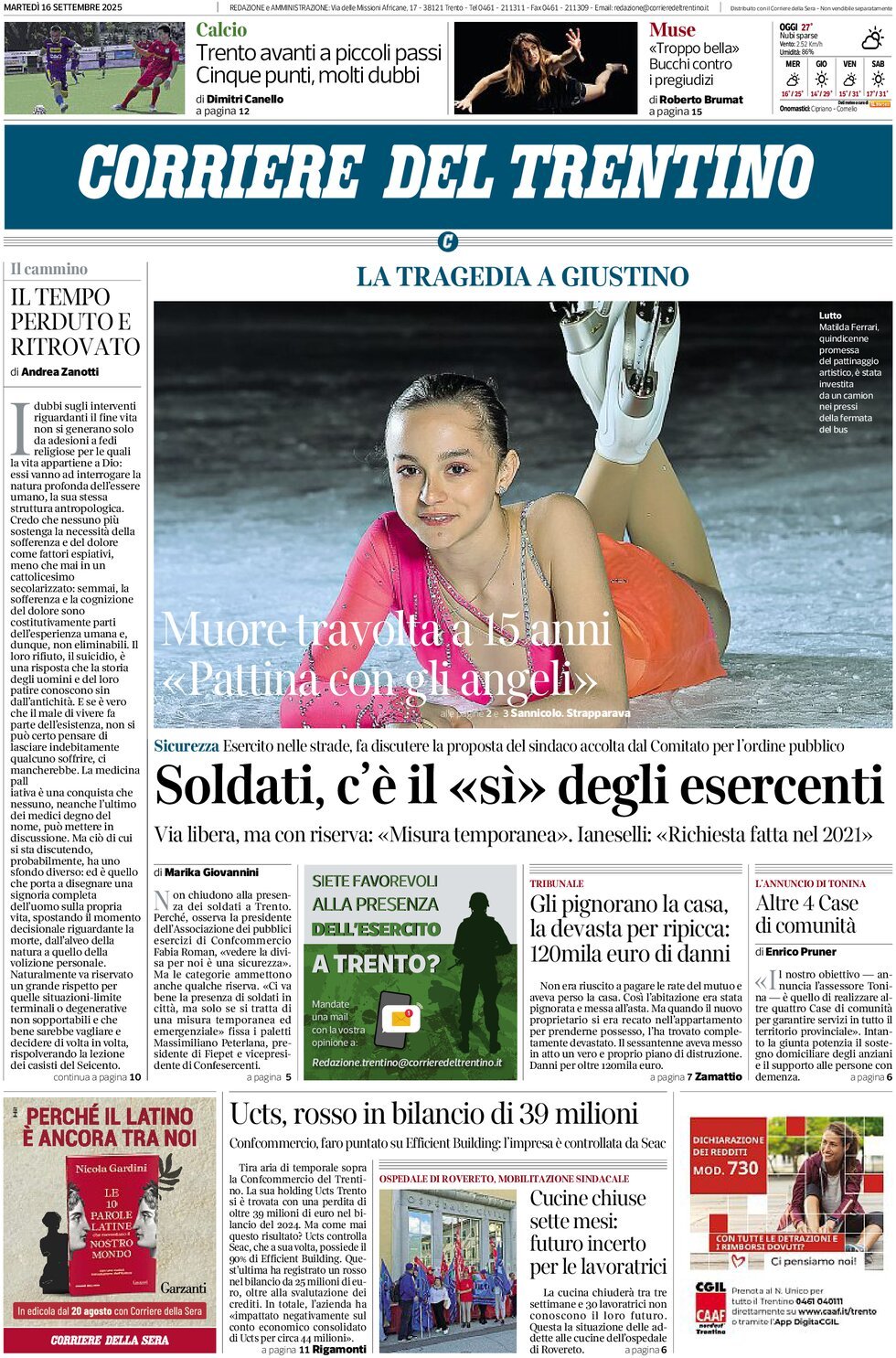 Prima Pagina Corriere del Trentino 16/09/2025