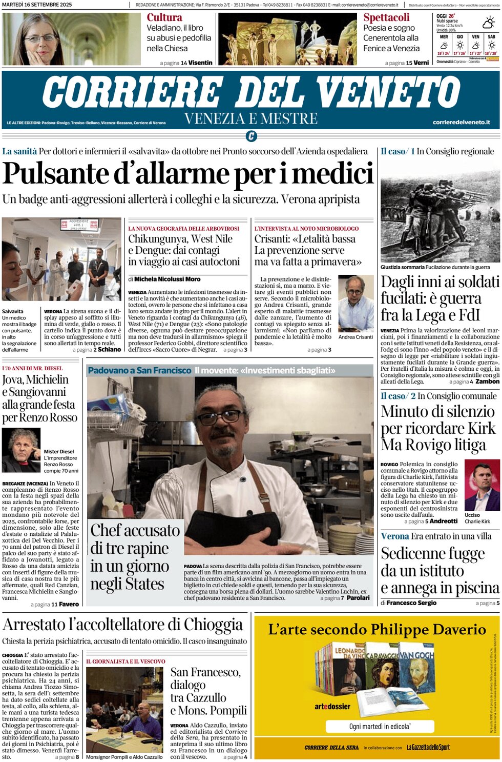 Prima Pagina Corriere del Veneto 16/09/2025