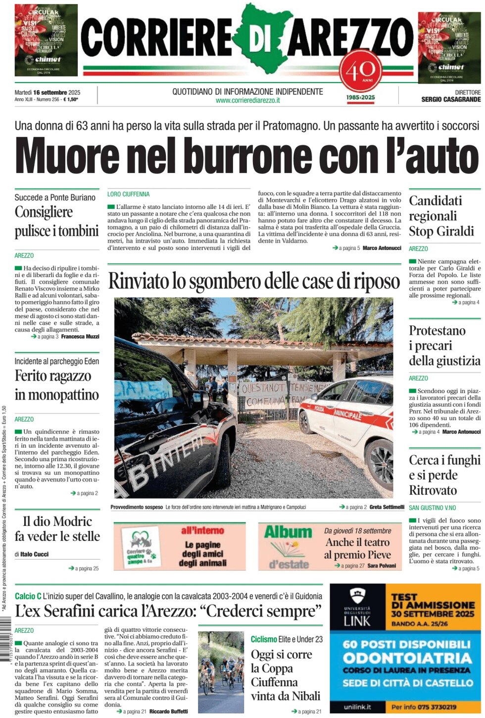 Prima Pagina Corriere di Arezzo 16/09/2025