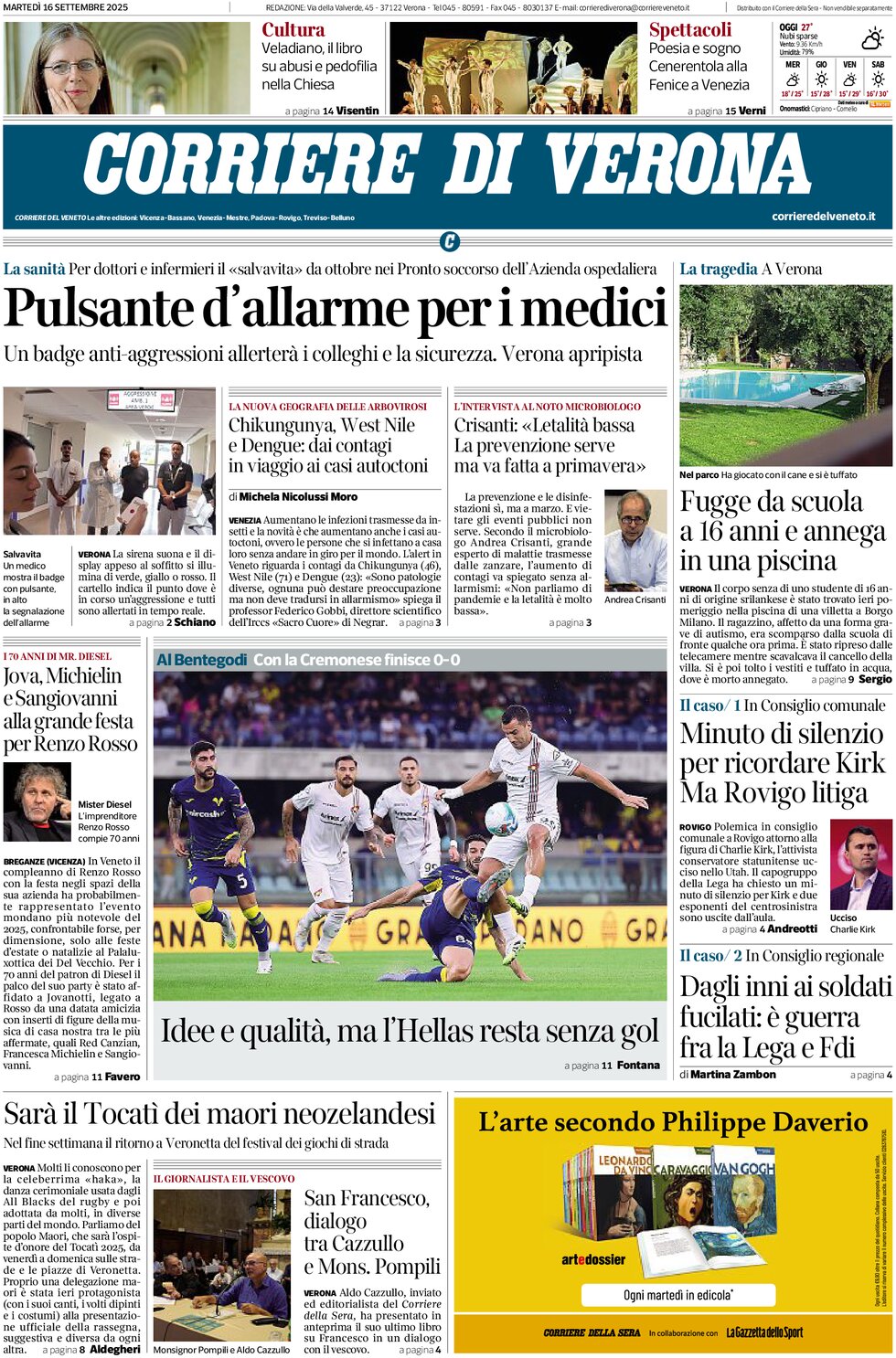 Prima Pagina Corriere di Verona 16/09/2025