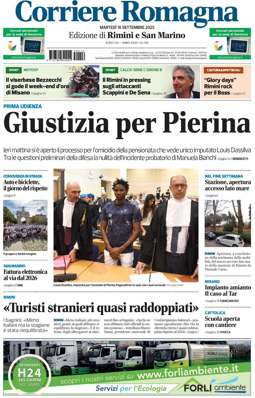 Prima Pagina Corriere Romagna (Rimini e San Marino) 16/09/2025