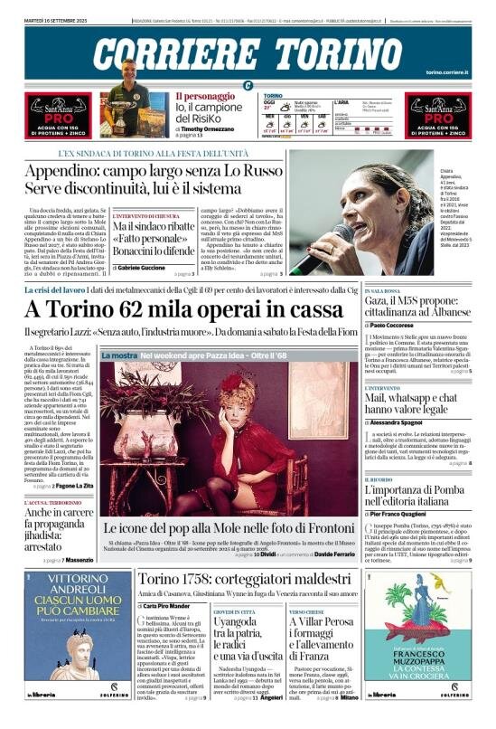 Prima Pagina Corriere Torino 16/09/2025