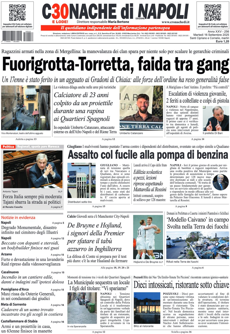Prima Pagina Cronache di Napoli 16/09/2025
