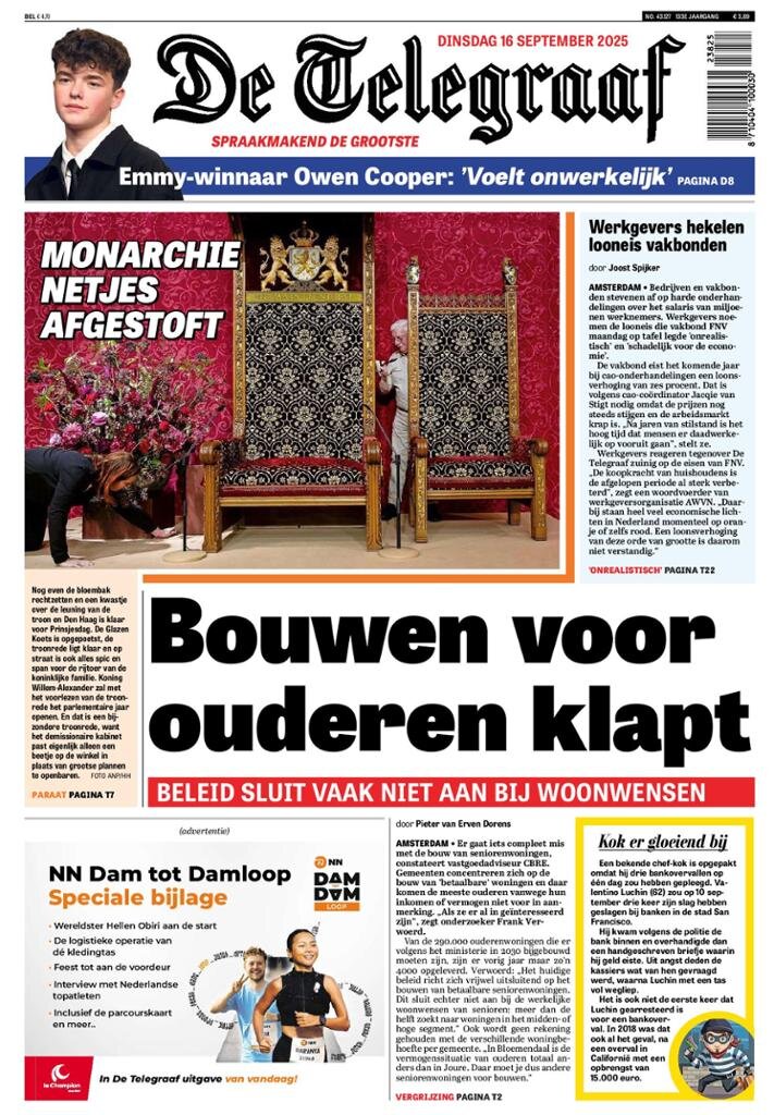 Prima Pagina De Telegraaf 16/09/2025