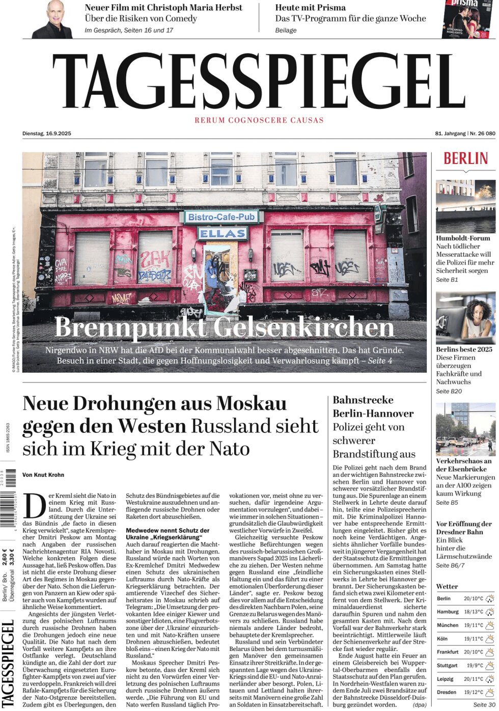 Prima Pagina Der Tagesspiegel 16/09/2025