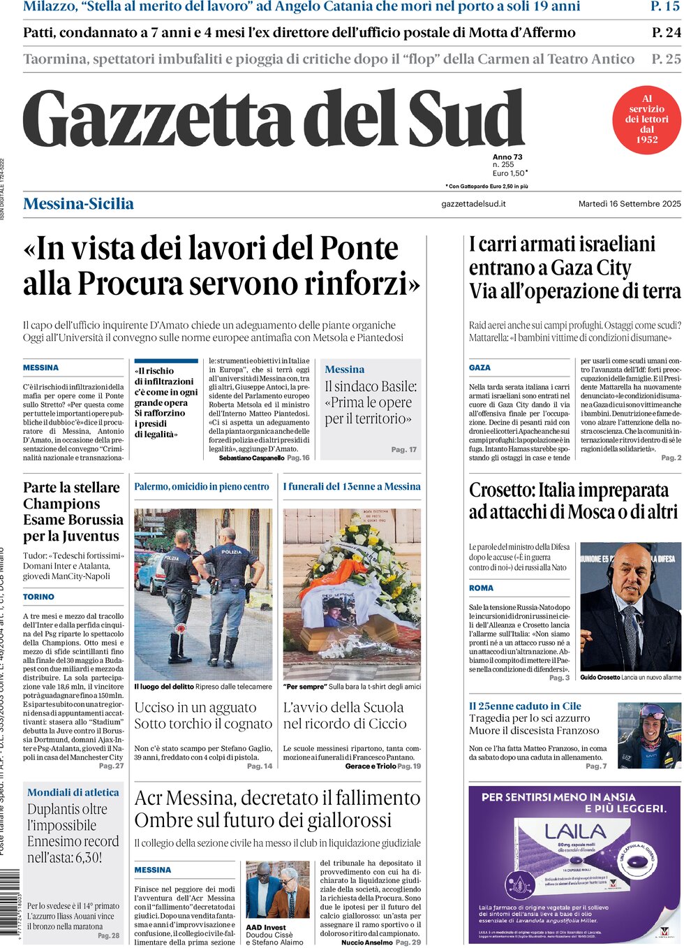 Prima Pagina Gazzetta del Sud (Messina) 16/09/2025
