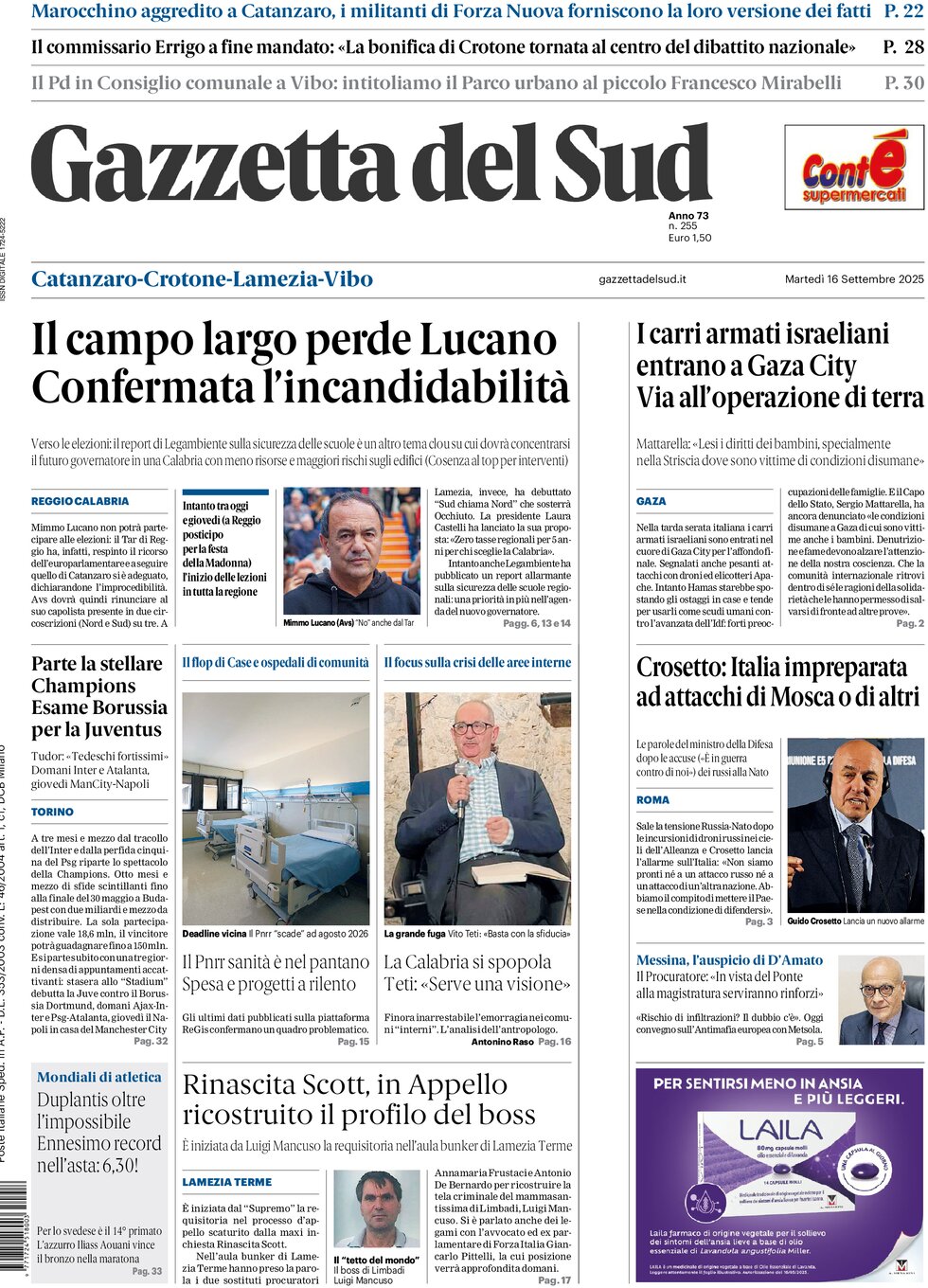 Prima Pagina Gazzetta del Sud (Catanzaro) 16/09/2025