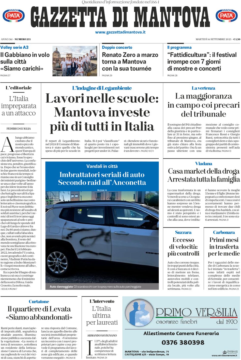 Prima Pagina Gazzetta di Mantova 16/09/2025