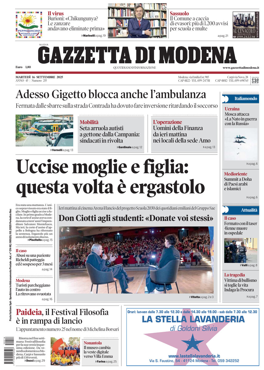 Prima Pagina Gazzetta di Modena 16/09/2025