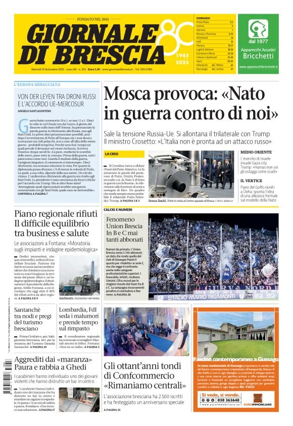 Prima Pagina Giornale di Brescia 16/09/2025