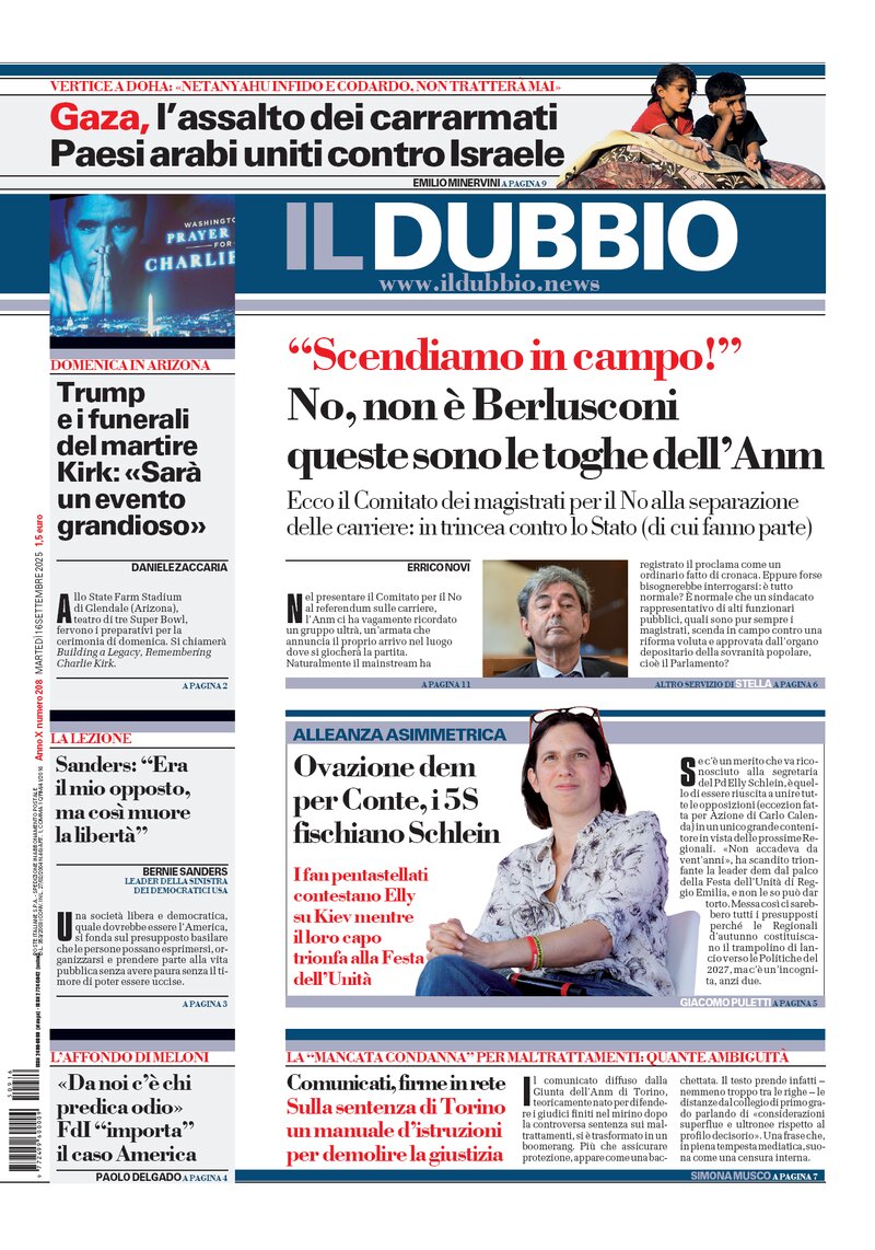 Prima Pagina Il Dubbio 16/09/2025