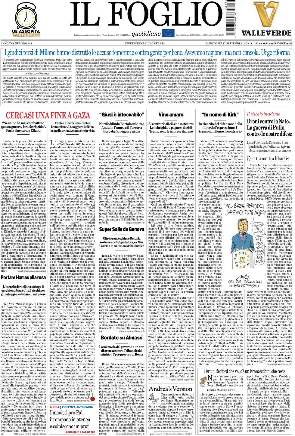 Prima Pagina Il Foglio 17/09/2025