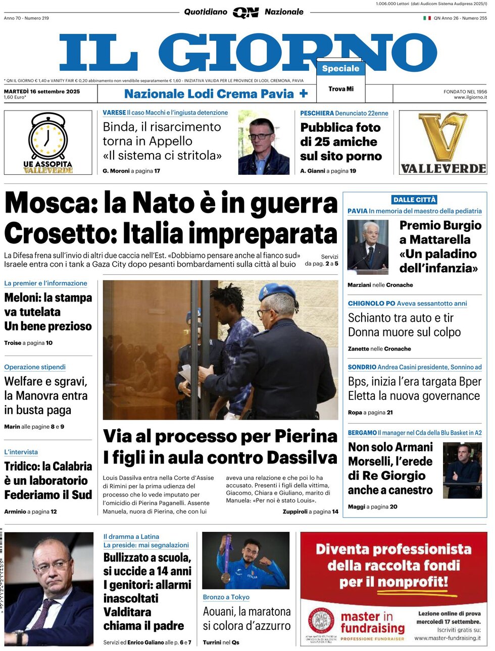 Prima Pagina Il Giorno 16/09/2025