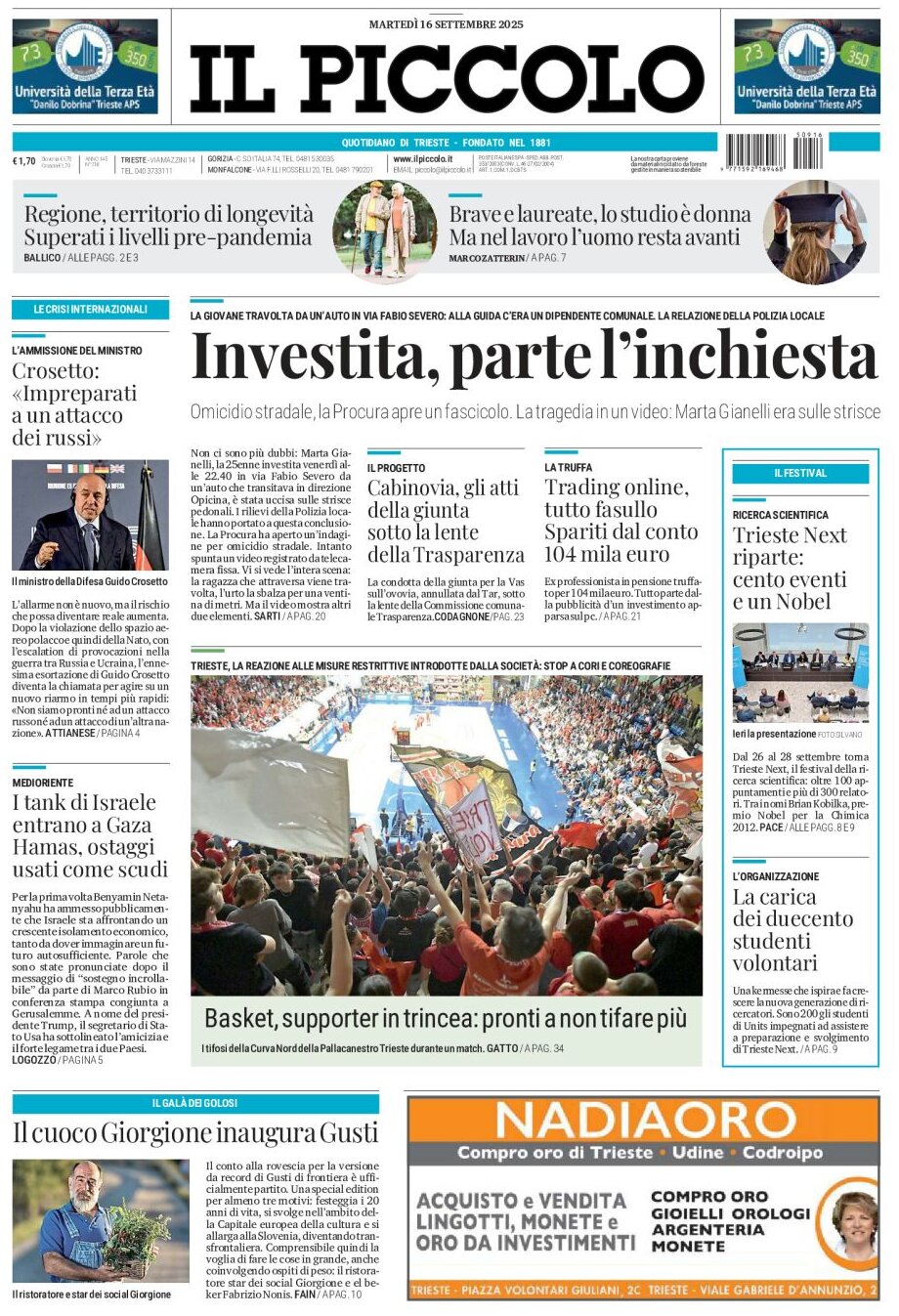 Prima Pagina Il Piccolo (Trieste) 16/09/2025
