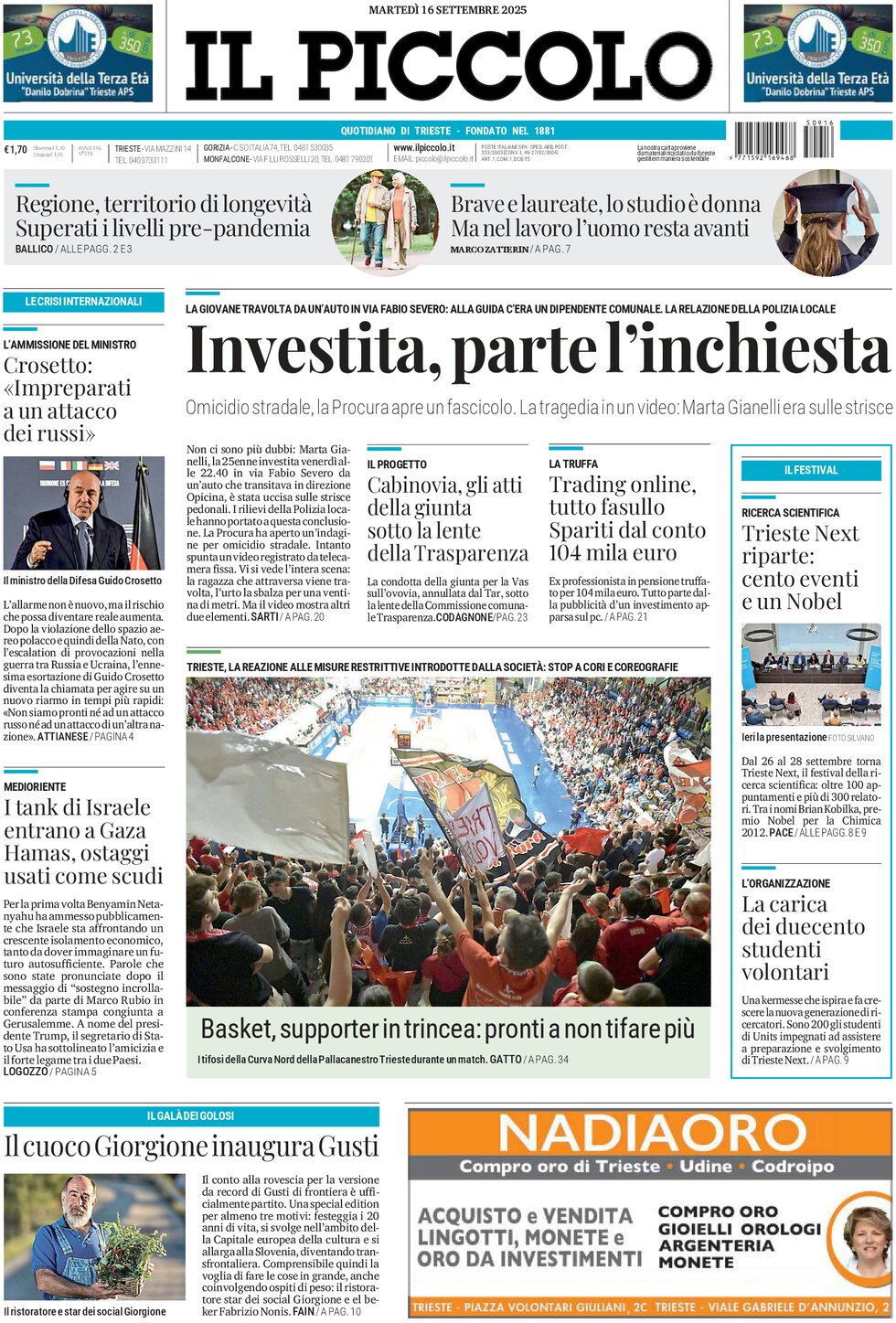 Prima Pagina Il Piccolo (Trieste) 16/09/2025